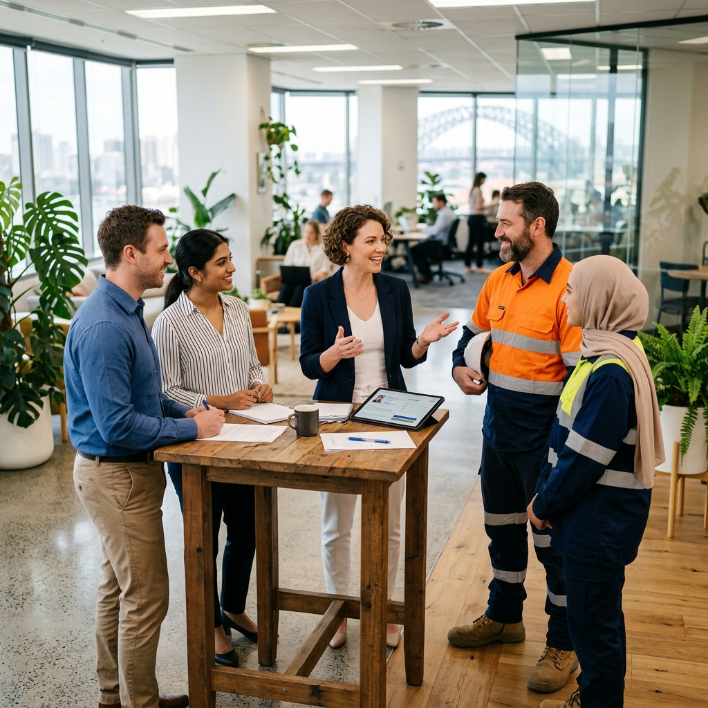 Recruitment specialist collaborating with workforce team in modern office