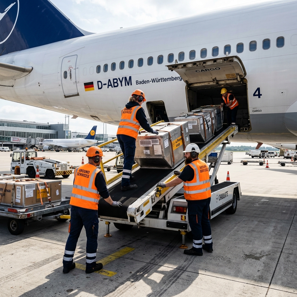 Airport ground crew loading cargo onto aircraft