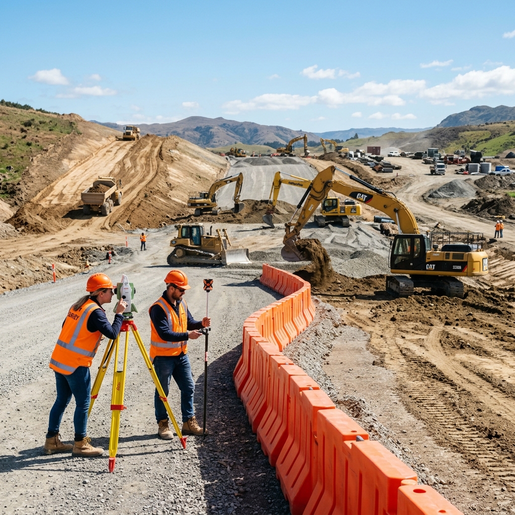 Civil construction site with excavators and survey equipment