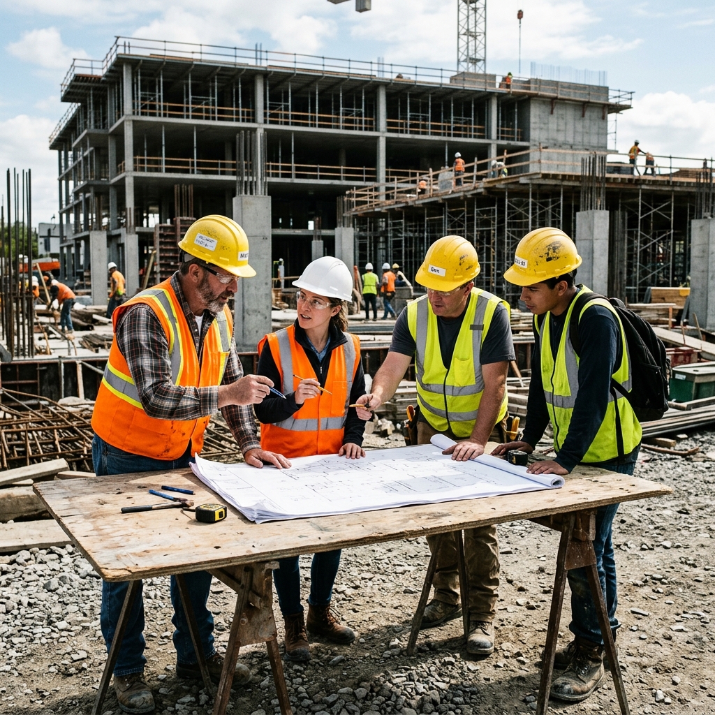 Construction workers reviewing blueprints on site
