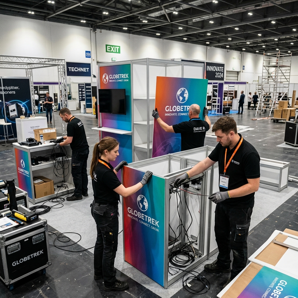 Event crew assembling exhibition stands at a trade show