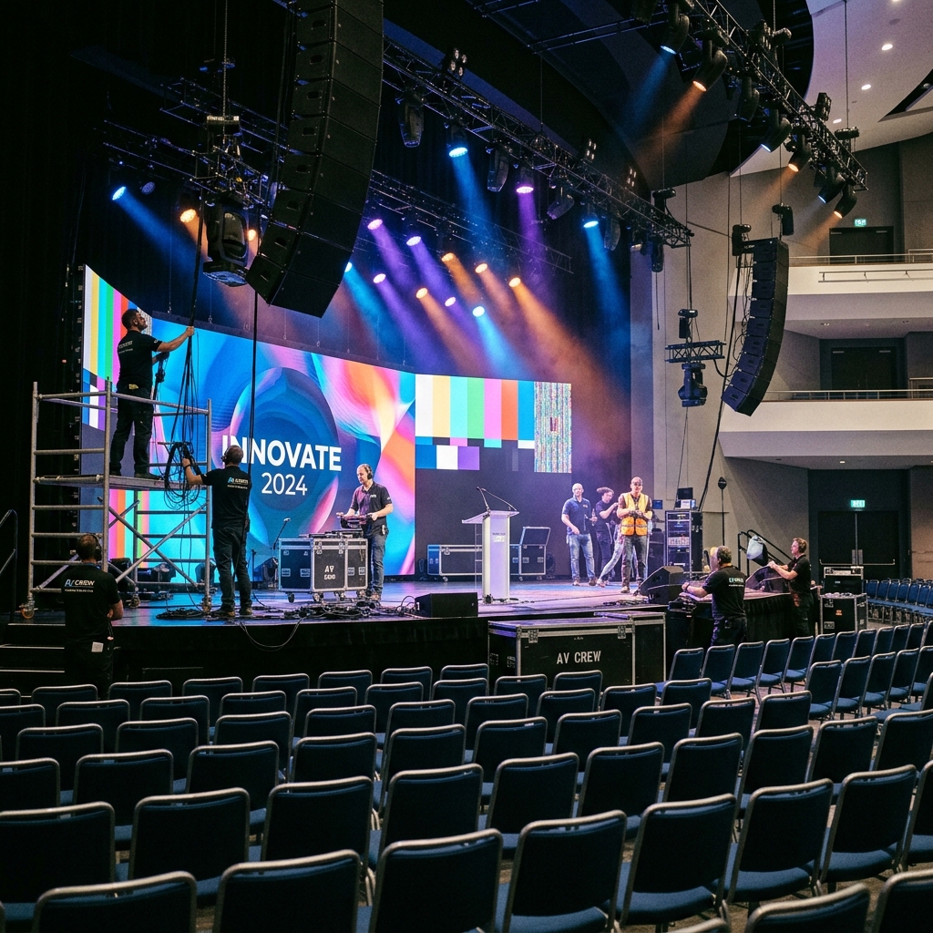 Conference stage being prepared with lighting and AV equipment