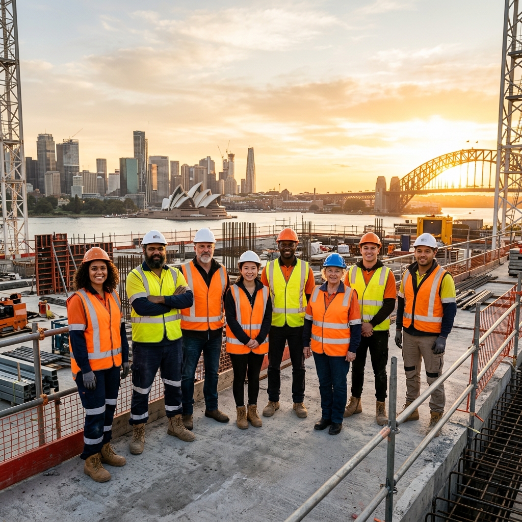 Diverse construction workers on an Australian job site at golden hour