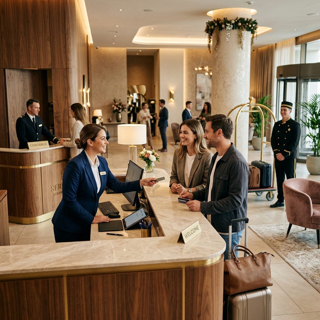 Hotel front desk receptionist greeting guests