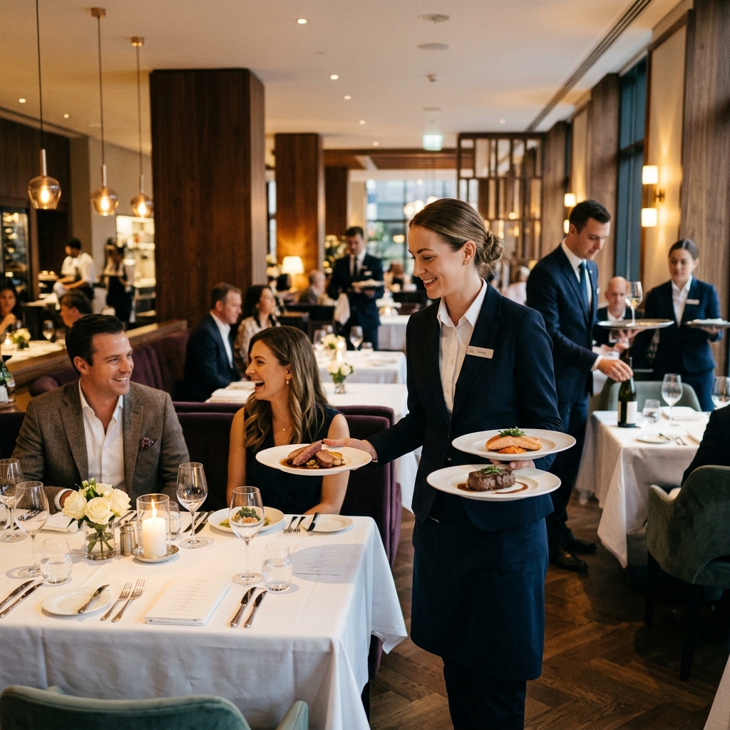 Waitstaff providing table service in a premium restaurant