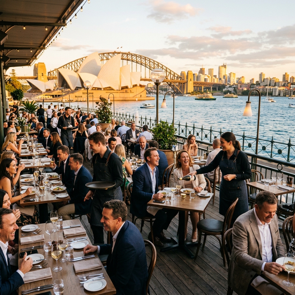Hospitality team serving guests by Sydney Harbour
