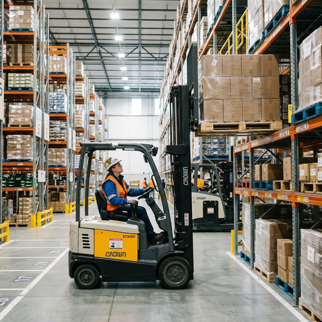 Forklift operator moving pallets in a modern warehouse